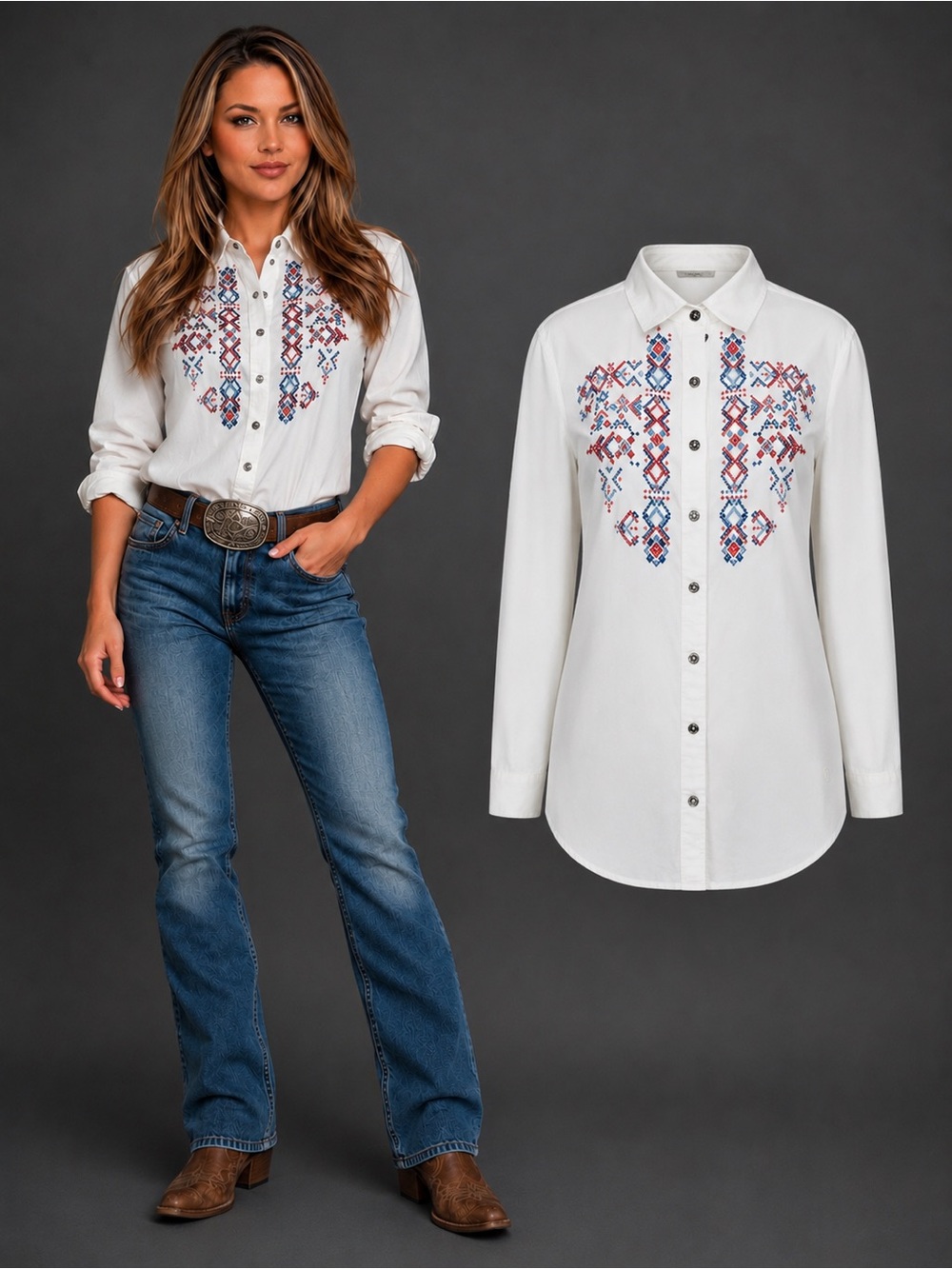 Ariat Women’s Long Sleeve Embroidered Western Button Down Shirt White